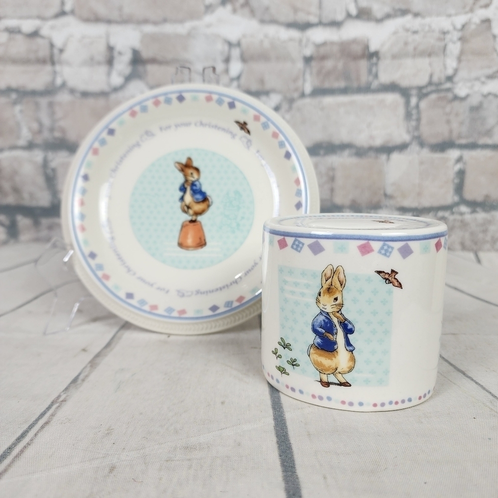 Vintage 2002 Wedgwood Peter Rabbit Christening Bank and Plate Collectable Set